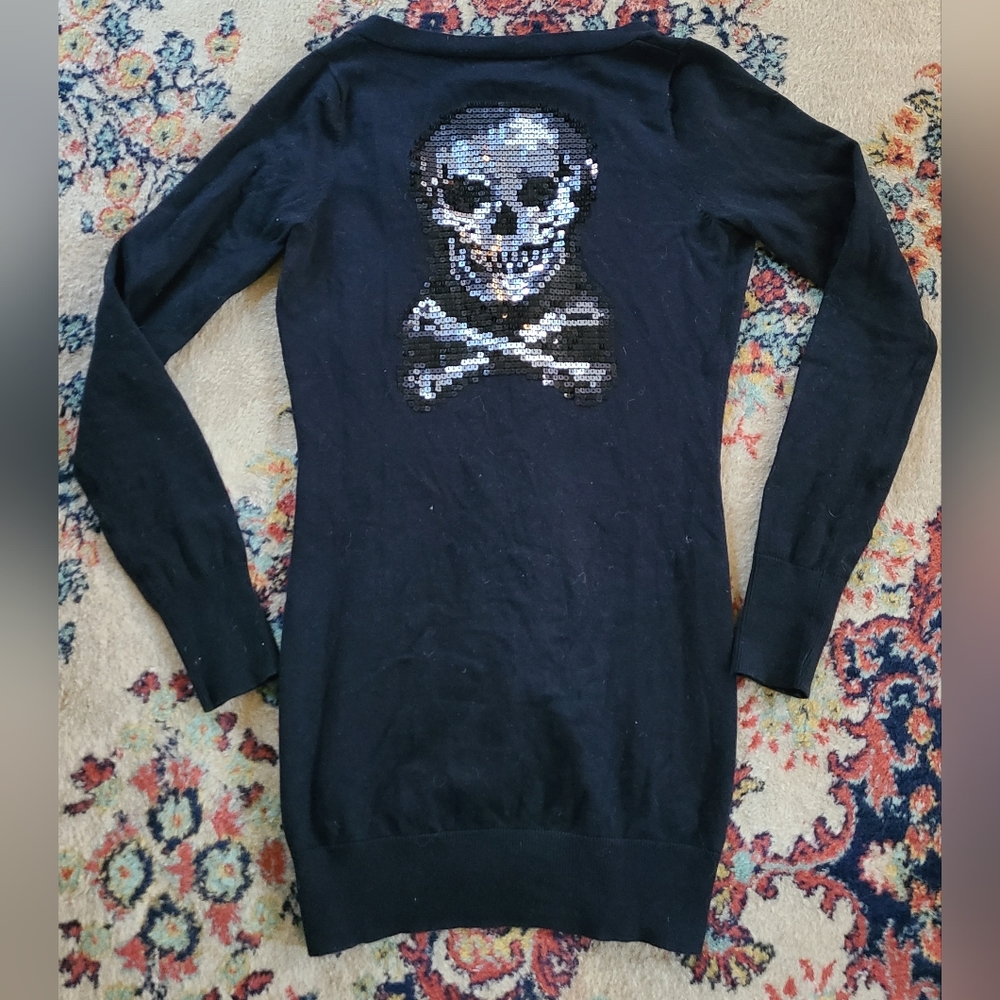 Betsey Johnson Sequin Skull and Crossbones Cardigan/Sweater Dress